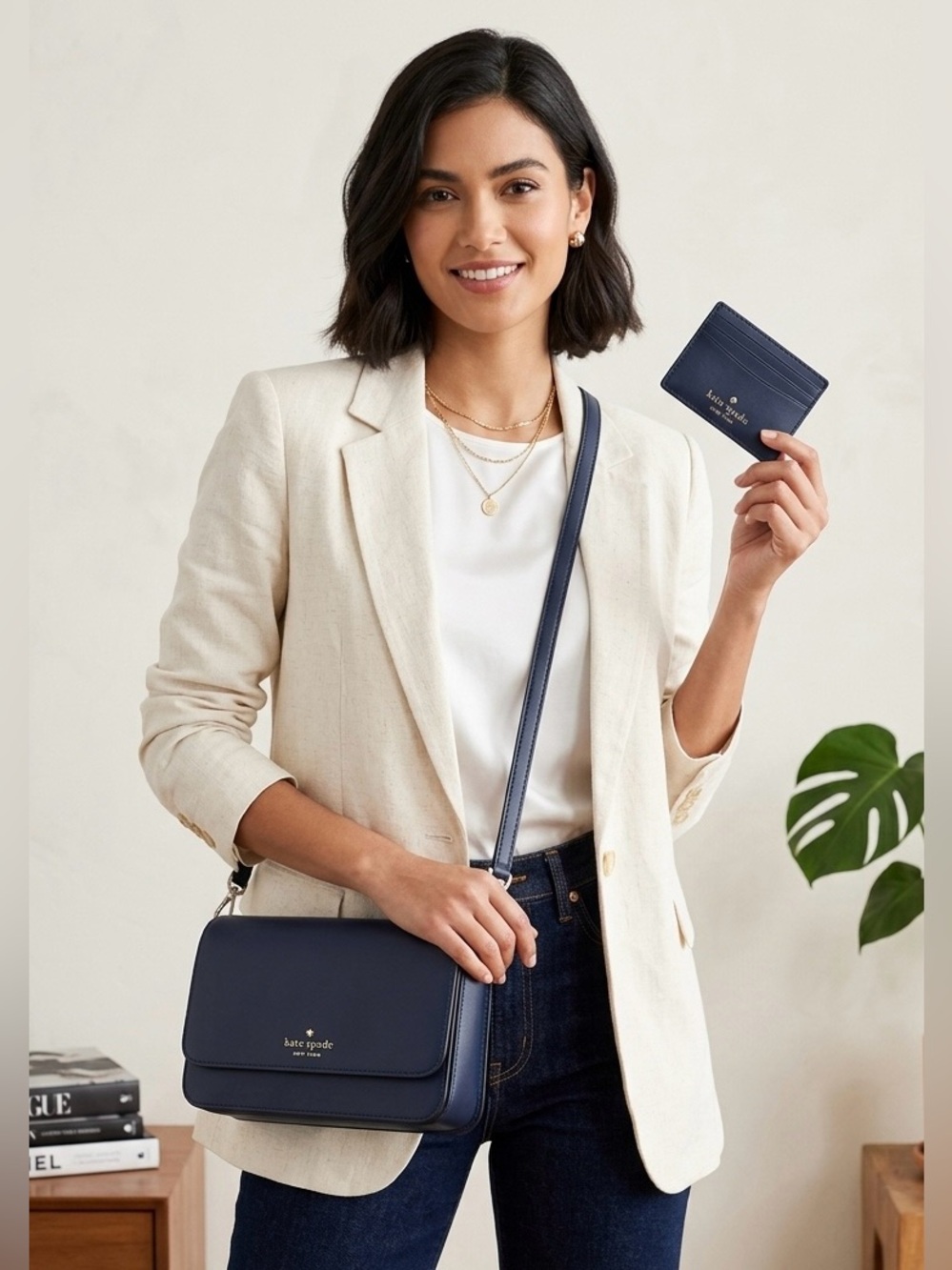 kate spade Navy Saffiano Leather Crossbody with matching card hold